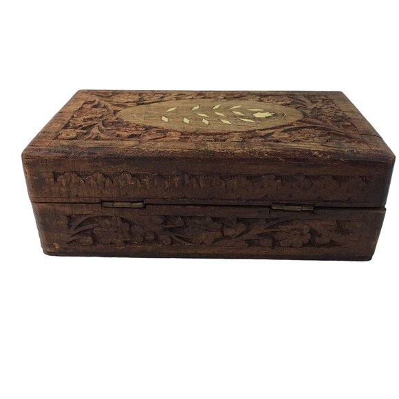 Wood Jewelry Chest Storage Box Inlay Carved Floral Pattern Solid Mid Century u - Picture 5 of 9